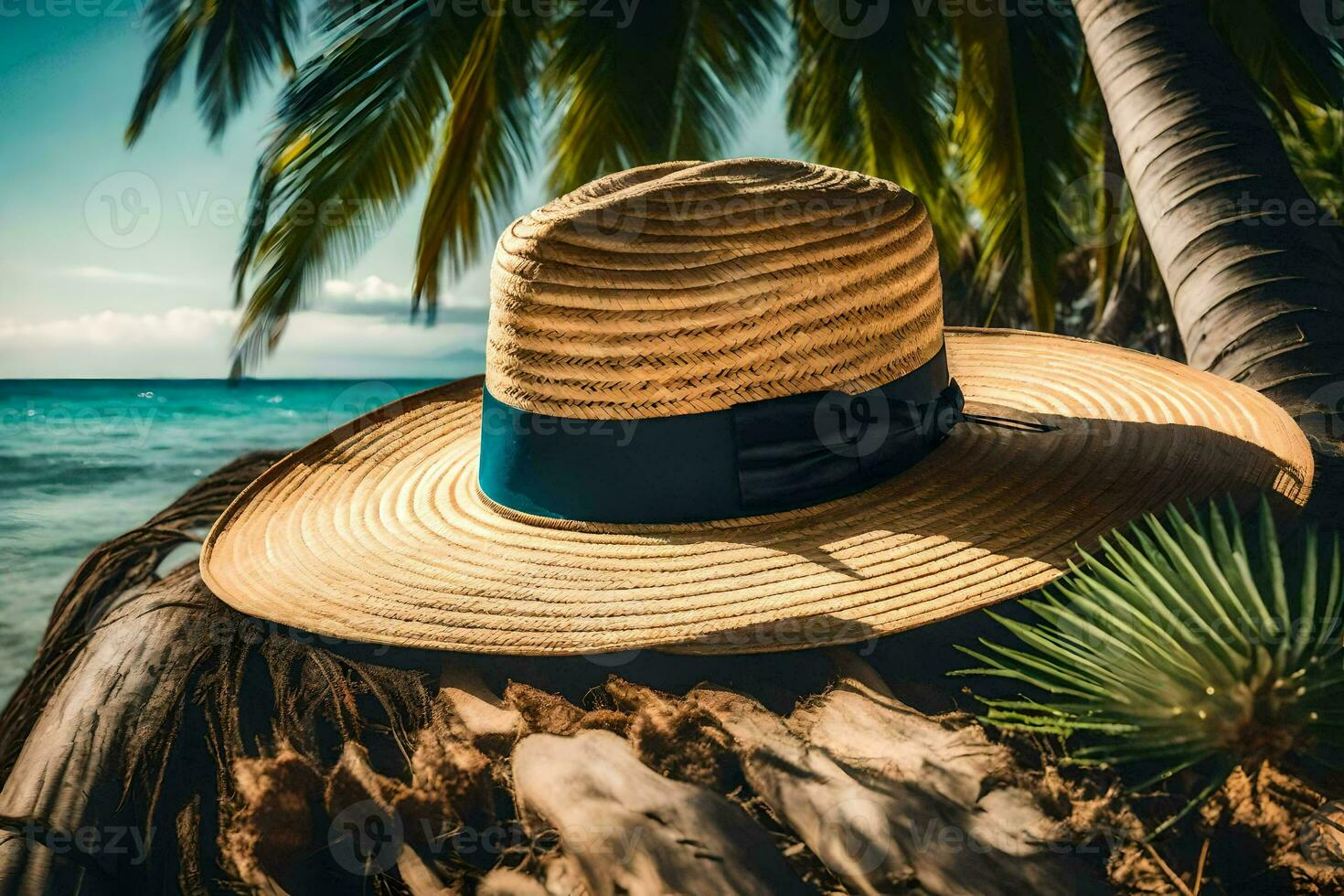 a straw hat sits on a palm tree near the ocean. AI-Generated photo