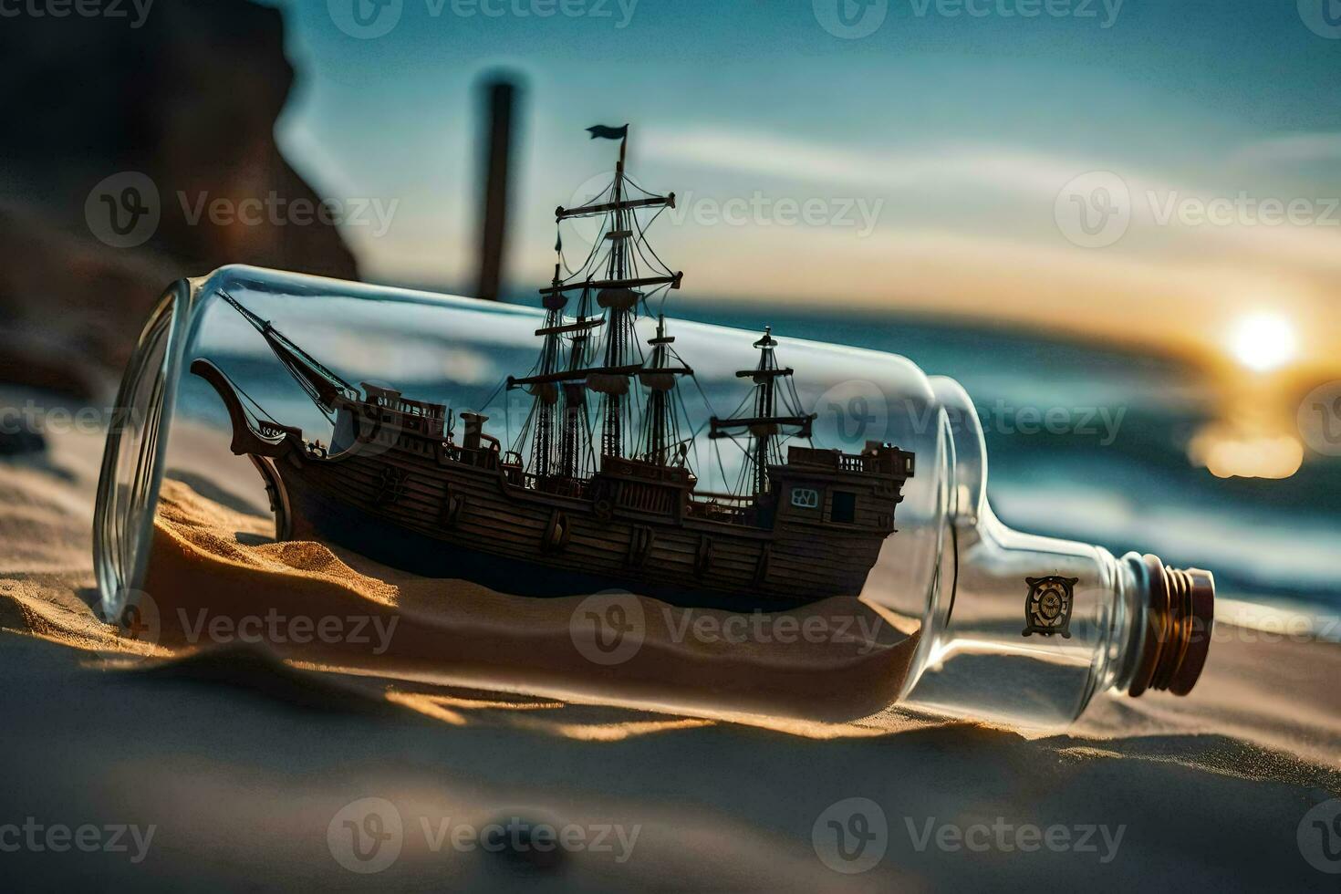 ship in a bottle on the beach. AI-Generated photo