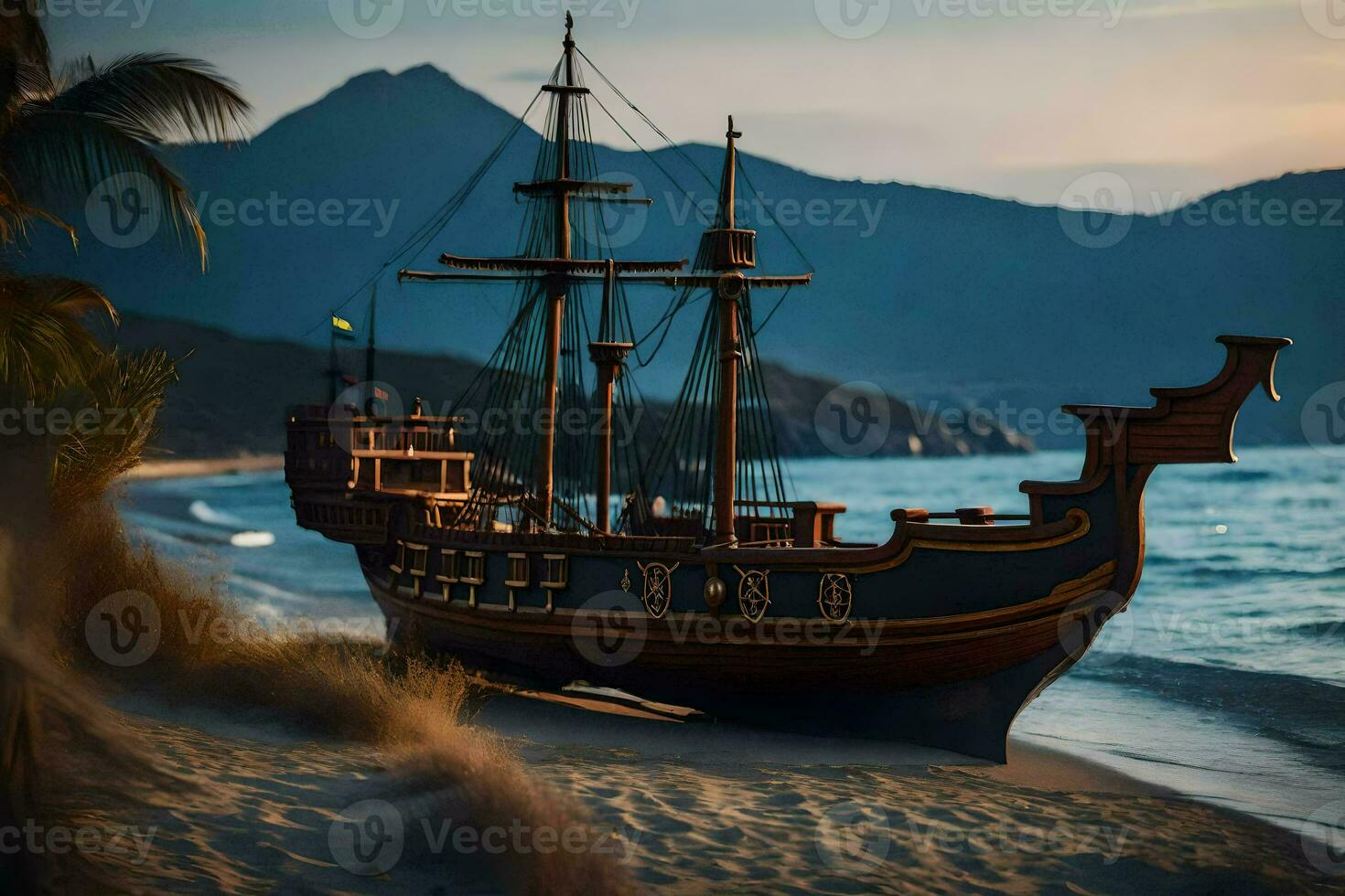 a pirate ship on the beach. AI-Generated photo