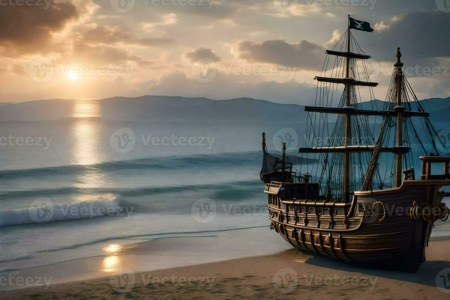 a pirate ship on the beach at sunset. AI-Generated photo