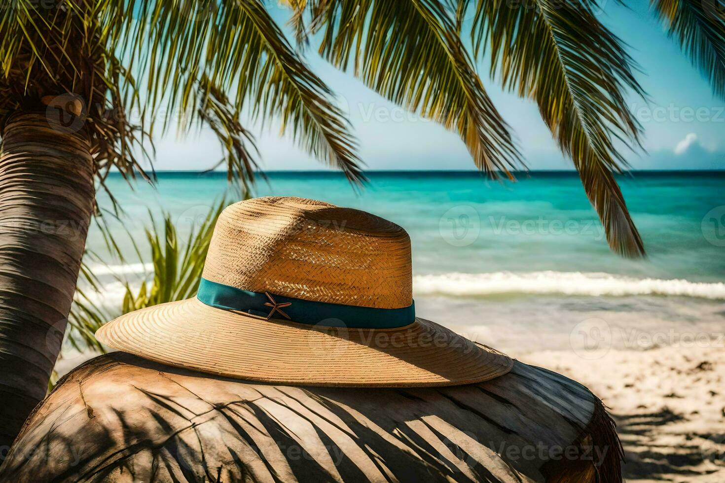 a straw hat on a coconut tree. AI-Generated photo