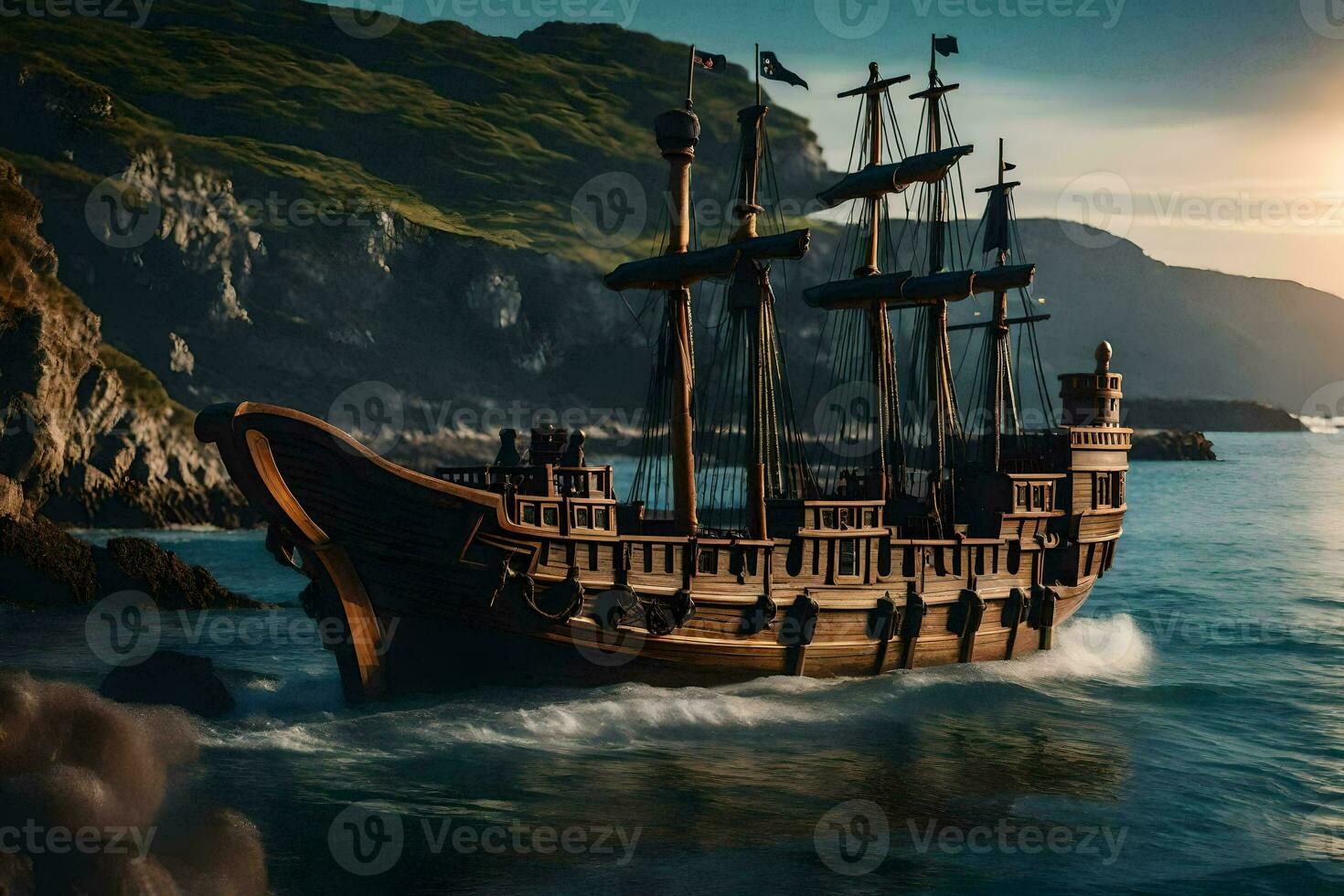 a pirate ship in the ocean at sunset. AI-Generated photo