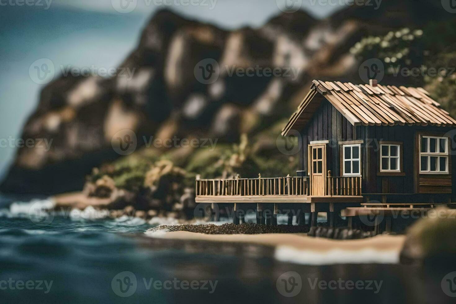 un miniatura casa en el playa por el agua. generado por ai foto