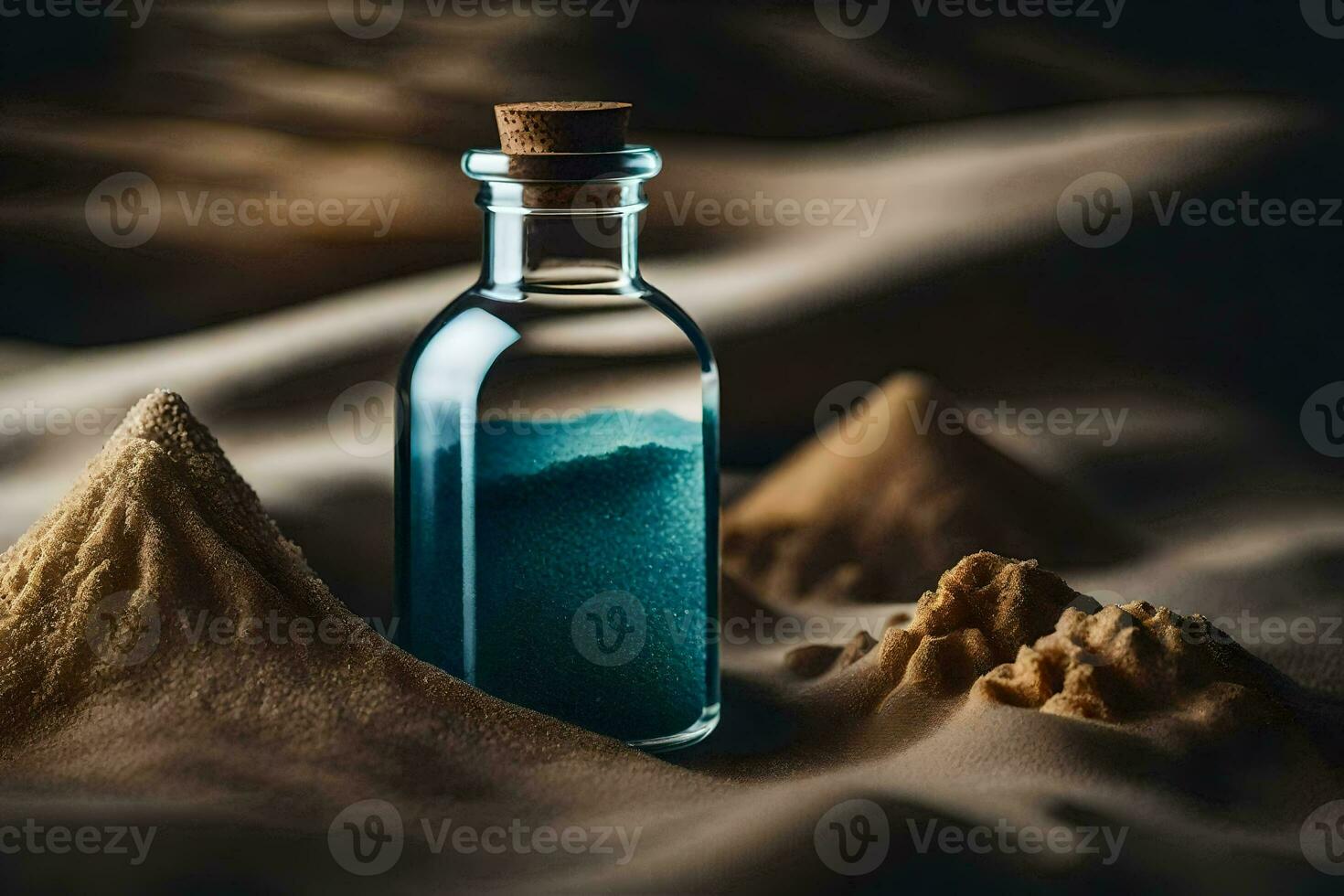 a bottle of sand in the desert. AI-Generated photo