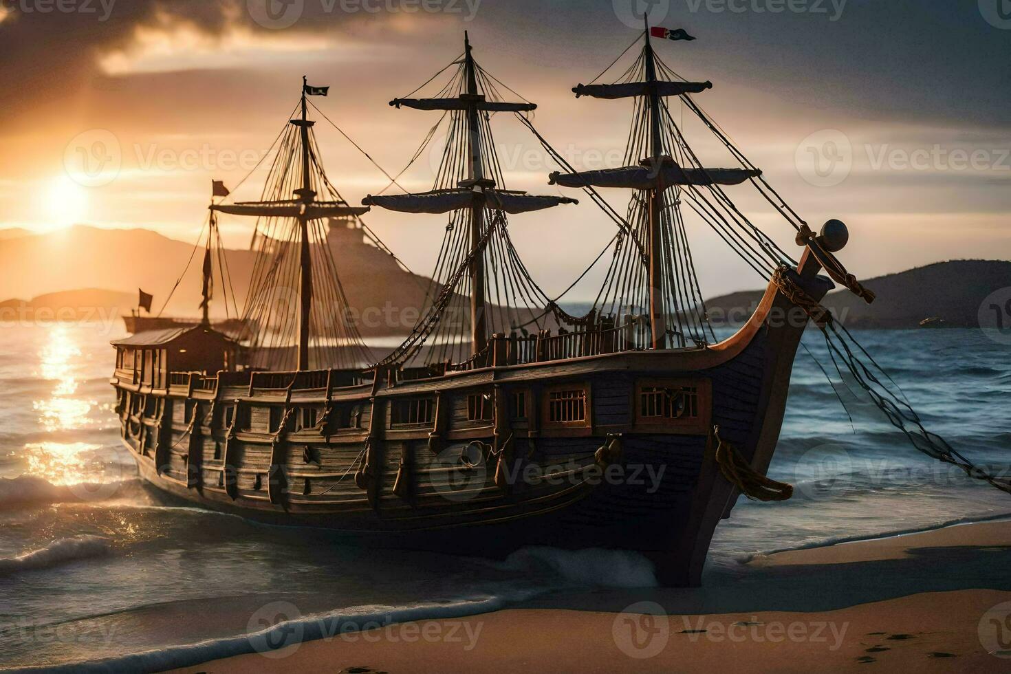 a pirate ship on the beach at sunset. AI-Generated photo