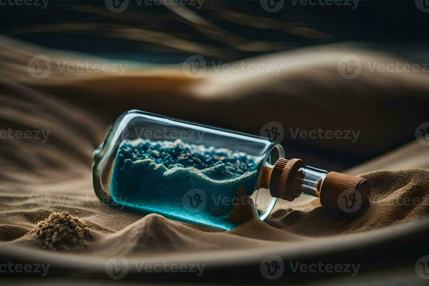 a bottle of sand with blue sand inside. AI-Generated photo