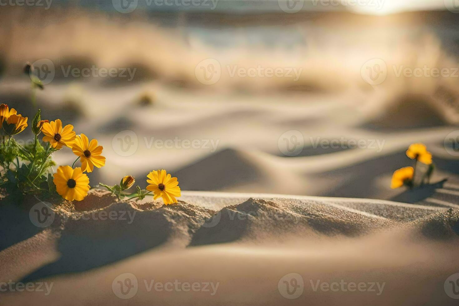 the desert flowers are growing in the sand. AI-Generated photo