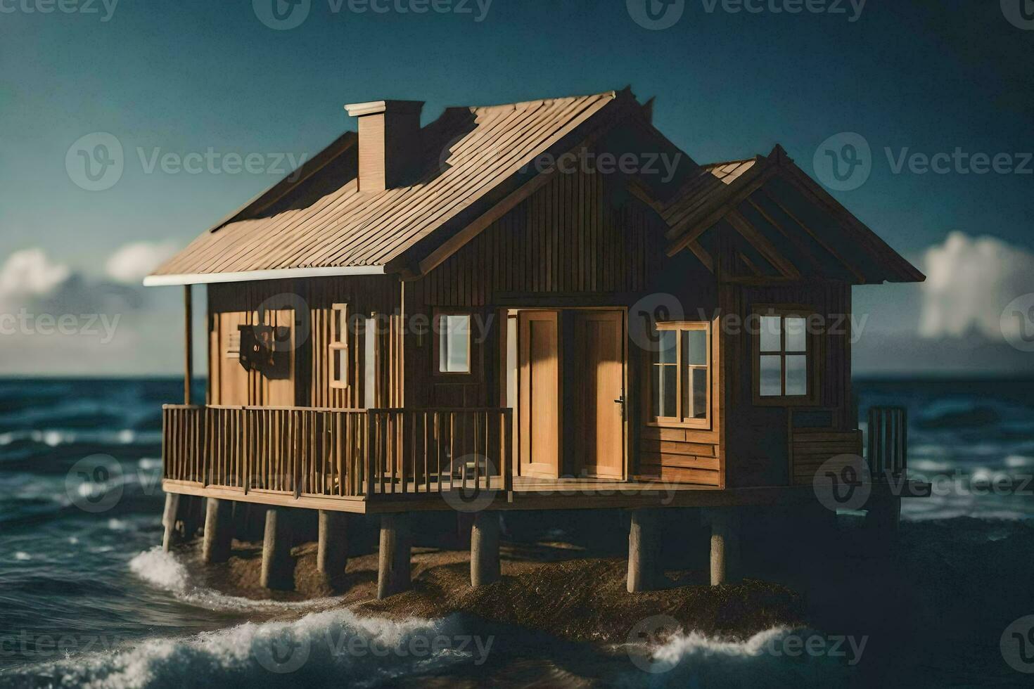 a small wooden house on the ocean. AI-Generated photo