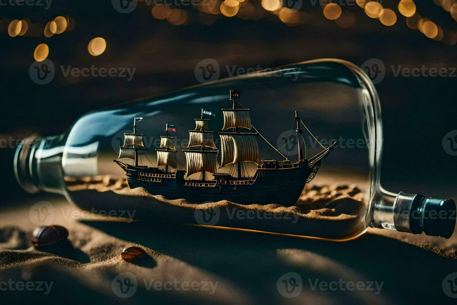 a ship in a bottle on a beach with sand. AI-Generated photo