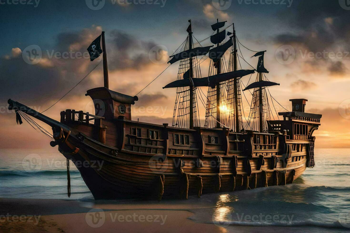 pirata Embarcacion en el playa a puesta de sol. generado por ai foto