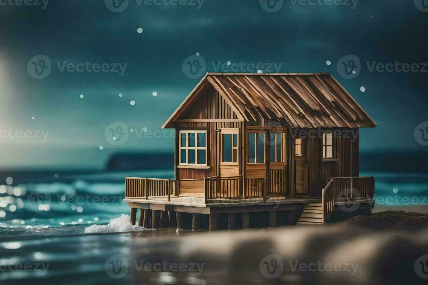 a miniature house on the beach at night. AI-Generated photo