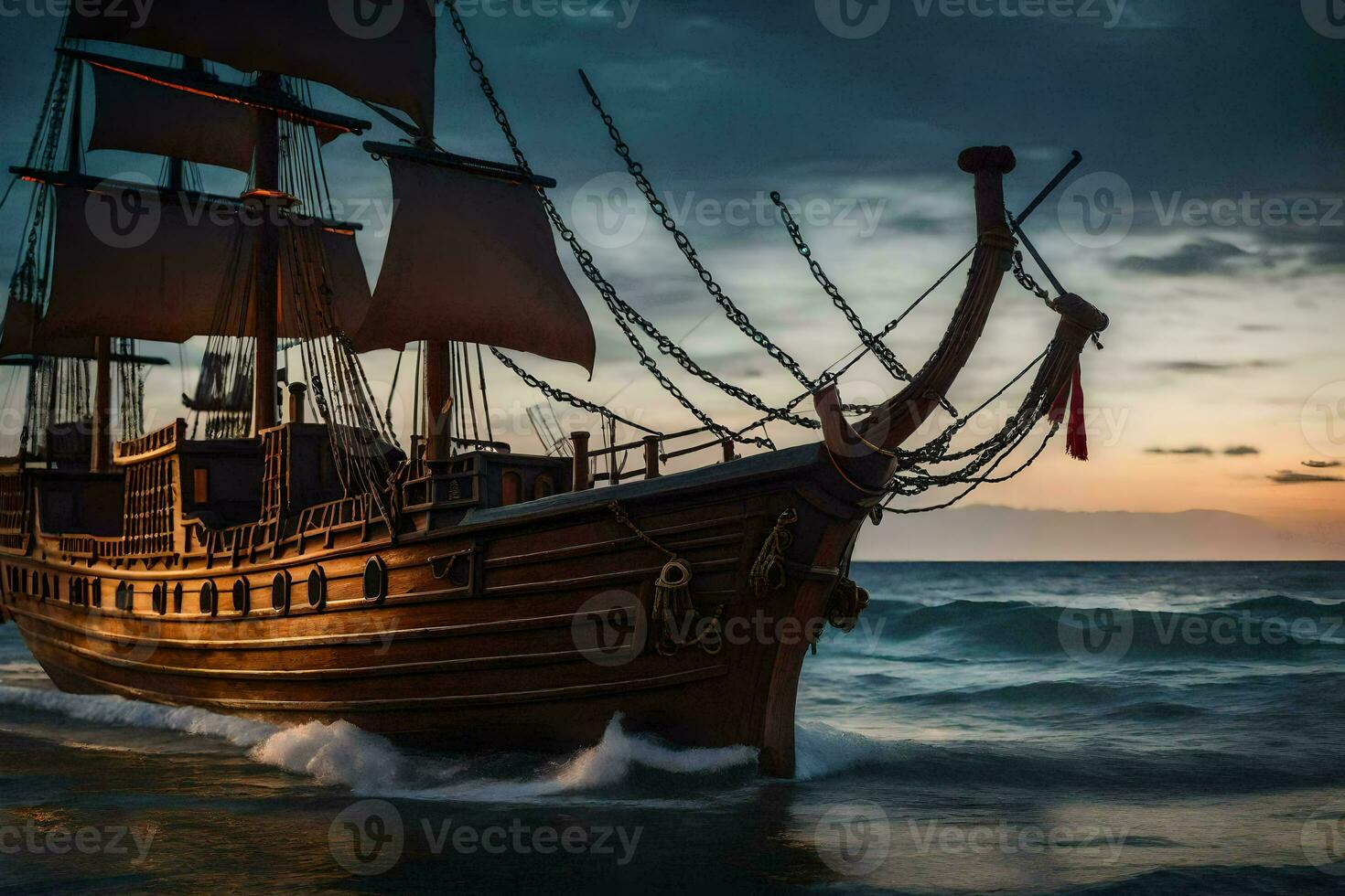 a pirate ship in the ocean at sunset. AI-Generated photo