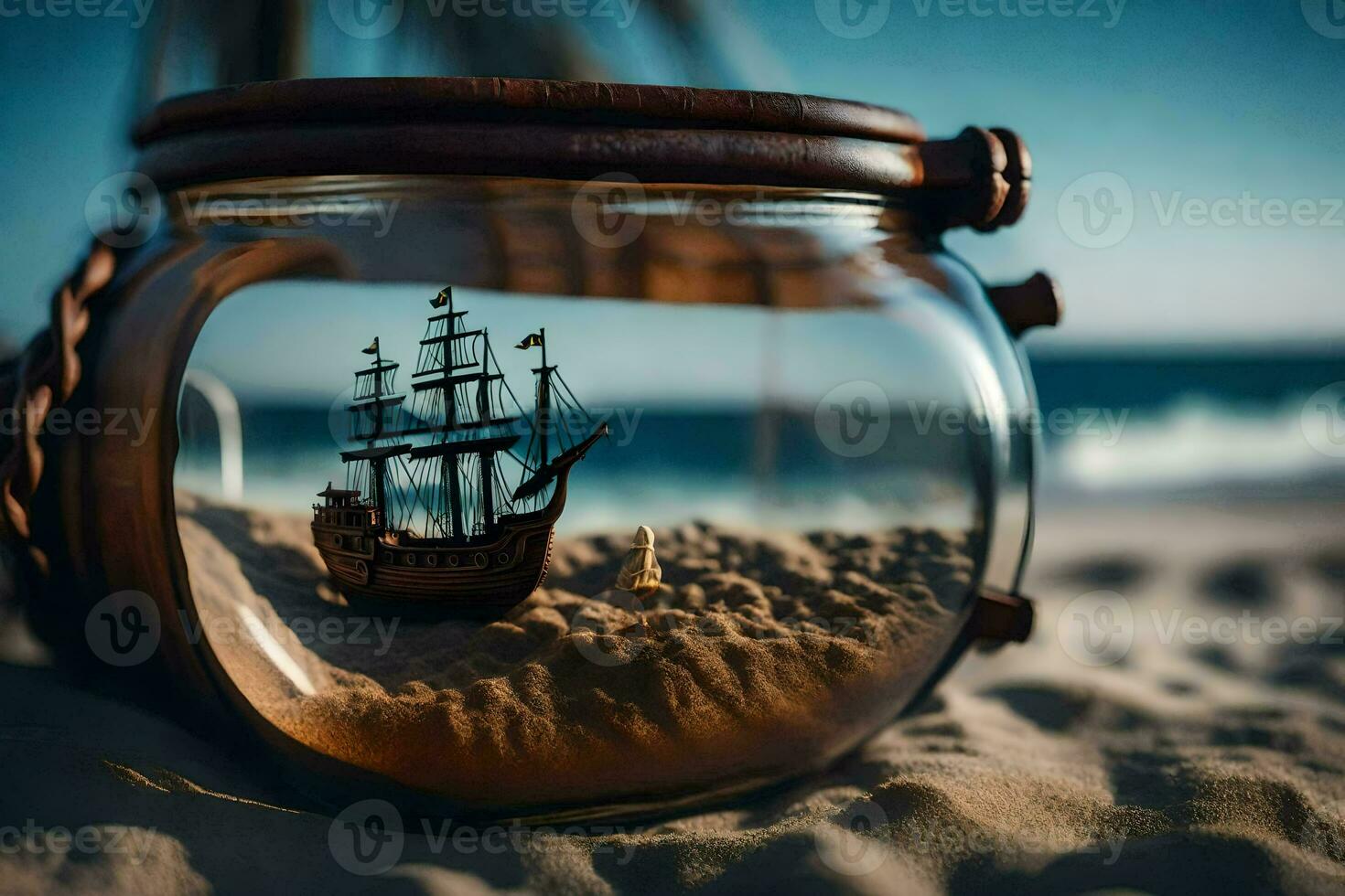 a ship in a jar on the beach. AI-Generated photo