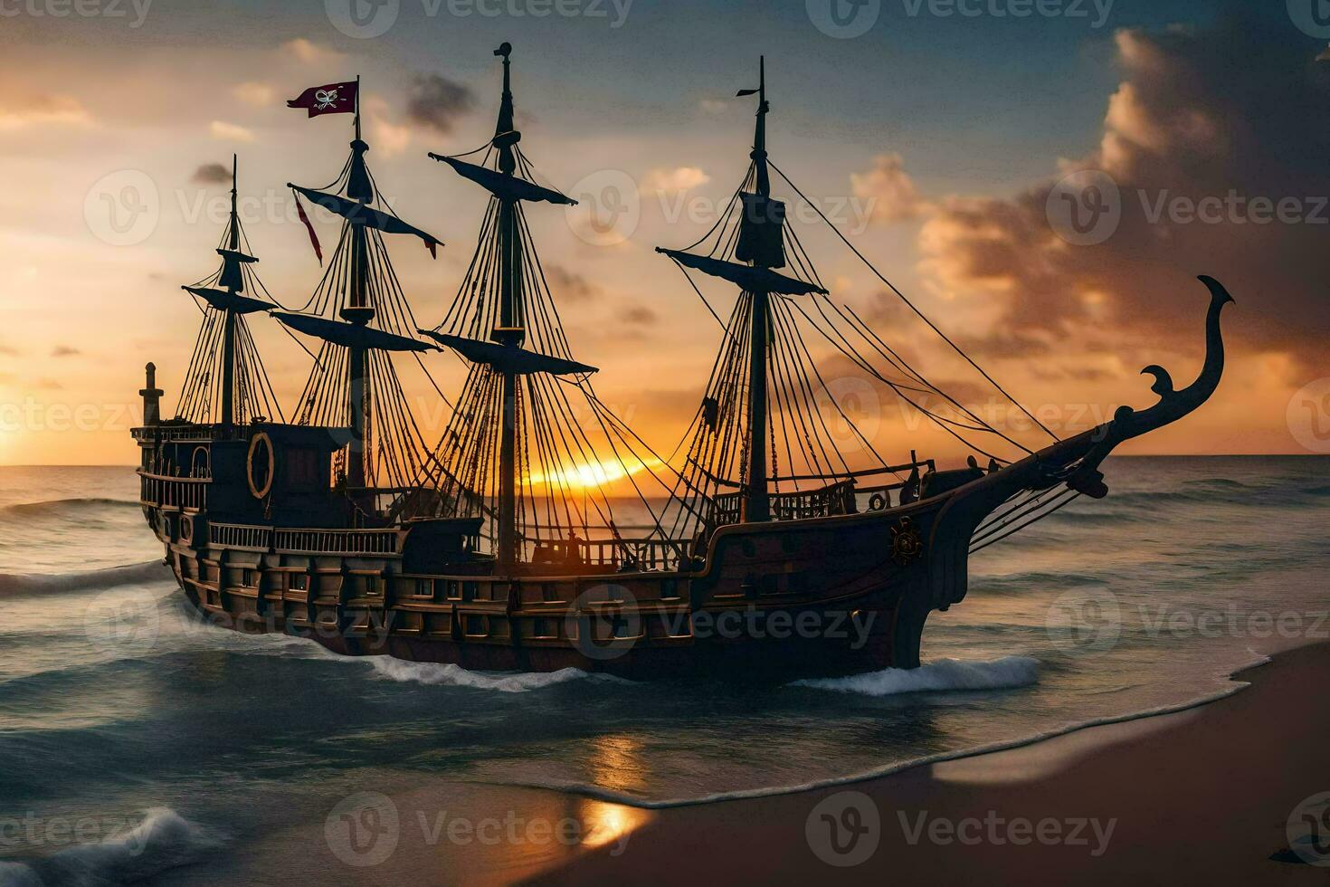 a pirate ship is sailing on the ocean at sunset. AI-Generated photo