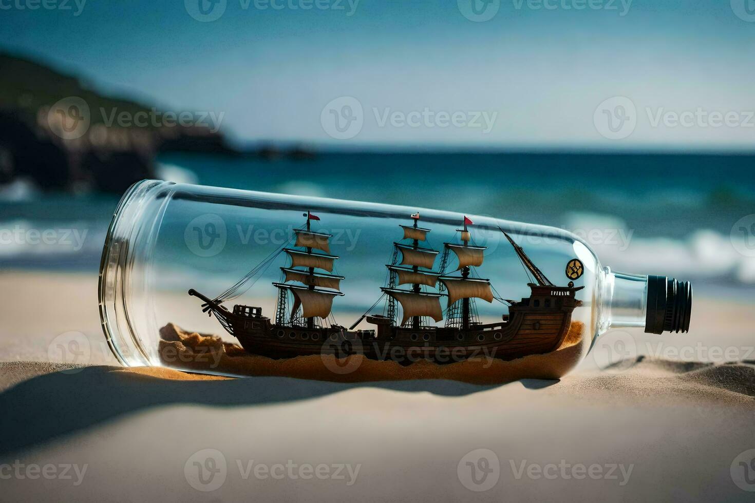 a ship in a bottle on the beach. AI-Generated photo