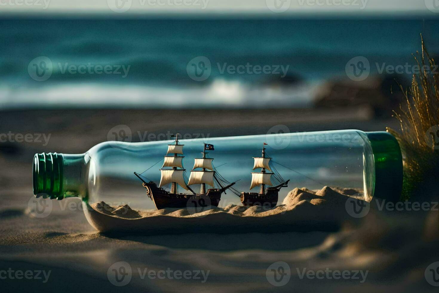 ship in a bottle on the beach. AI-Generated photo