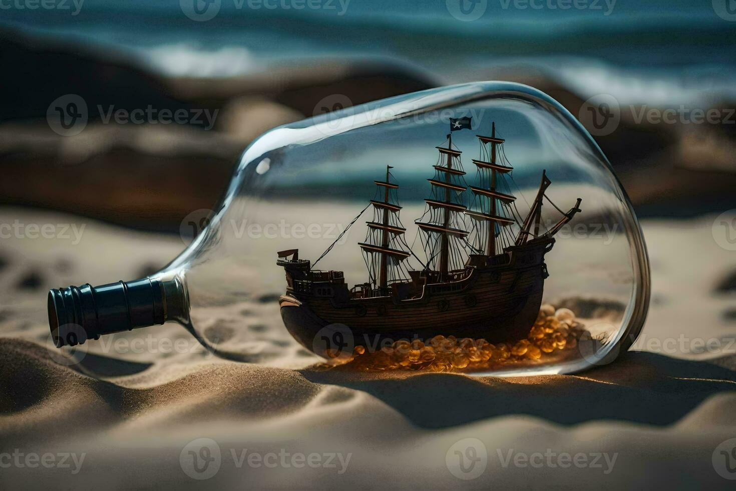 a ship in a bottle on the beach. AI-Generated photo
