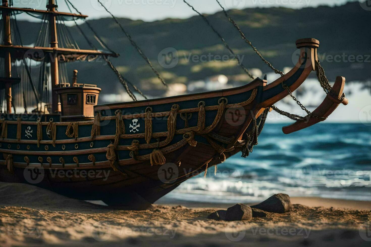 a model ship sits on the sand near the ocean. AI-Generated photo