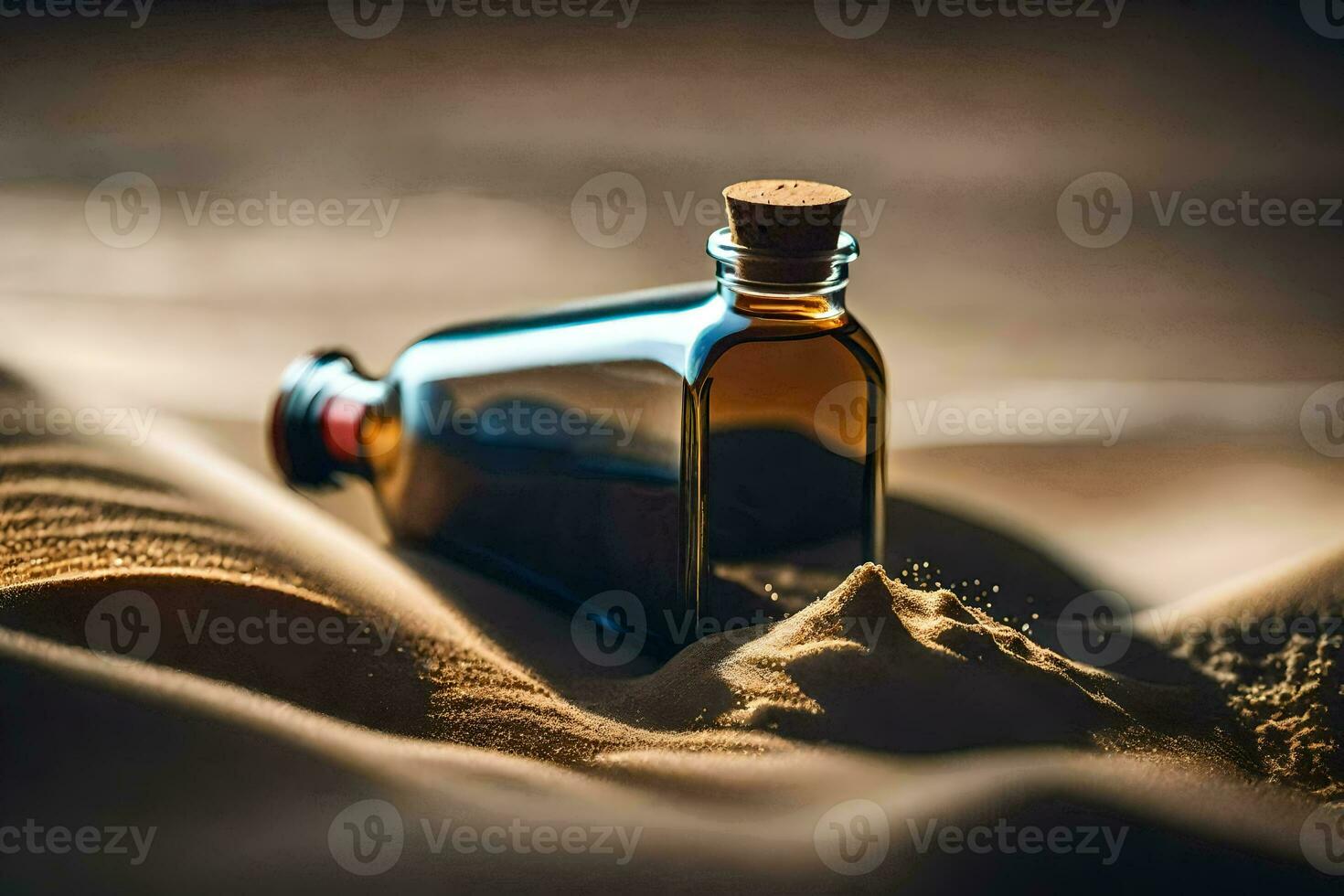 un botella de perfume en el desierto. generado por ai foto