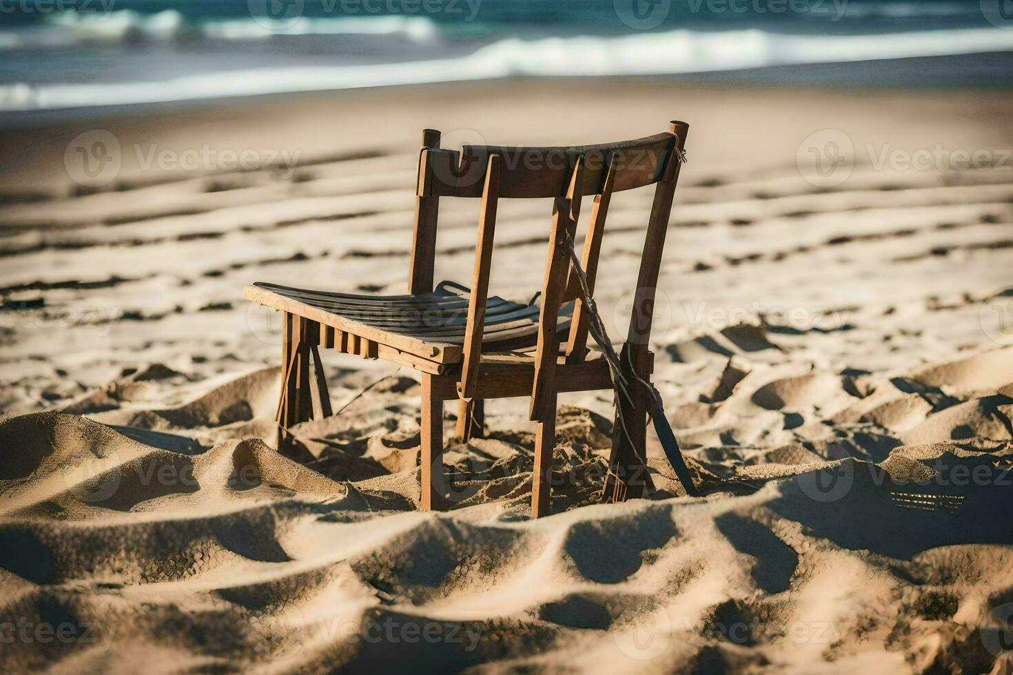 a chair sits on the sand at the beach. AI-Generated photo