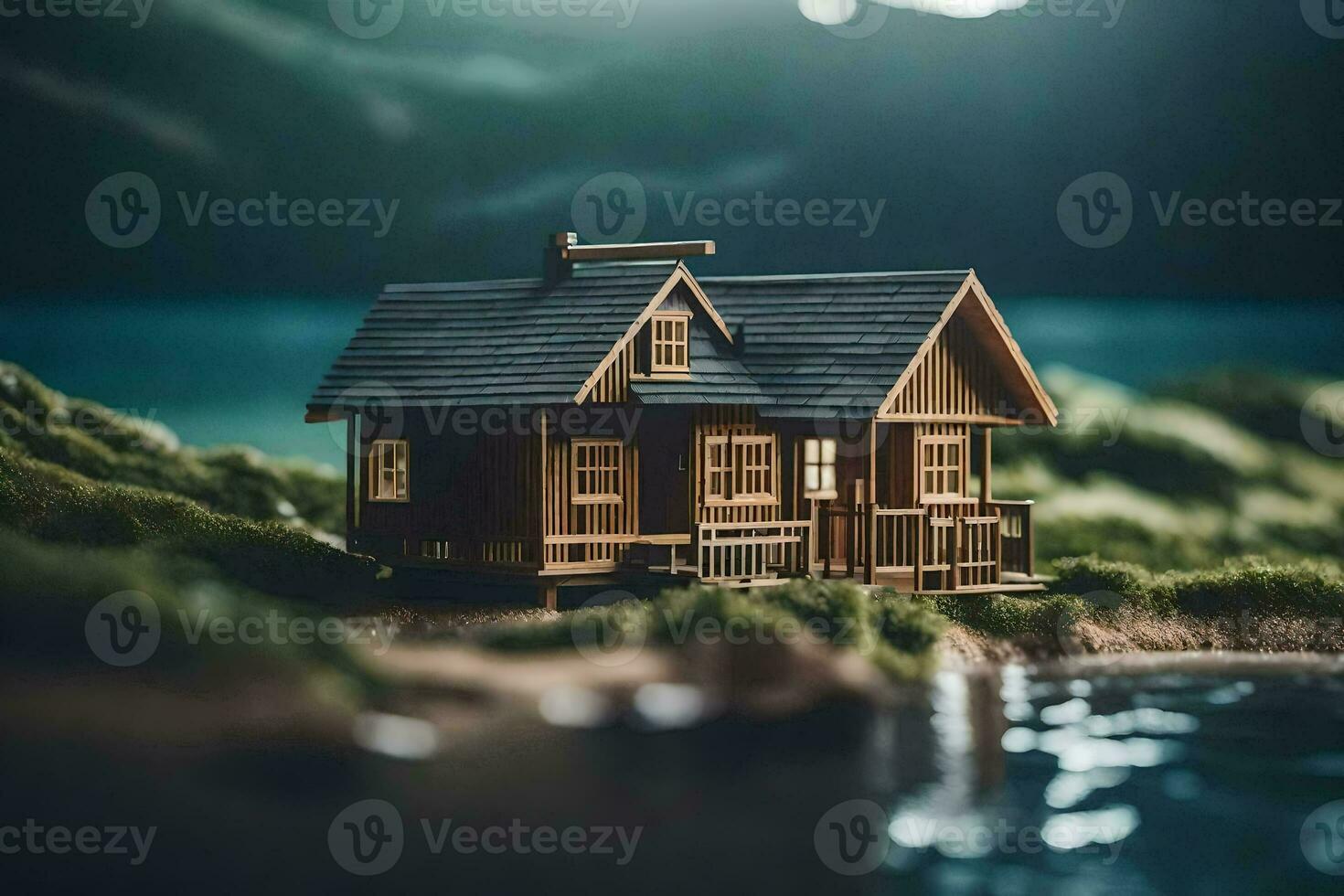 un miniatura de madera casa en el apuntalar de un lago. generado por ai foto