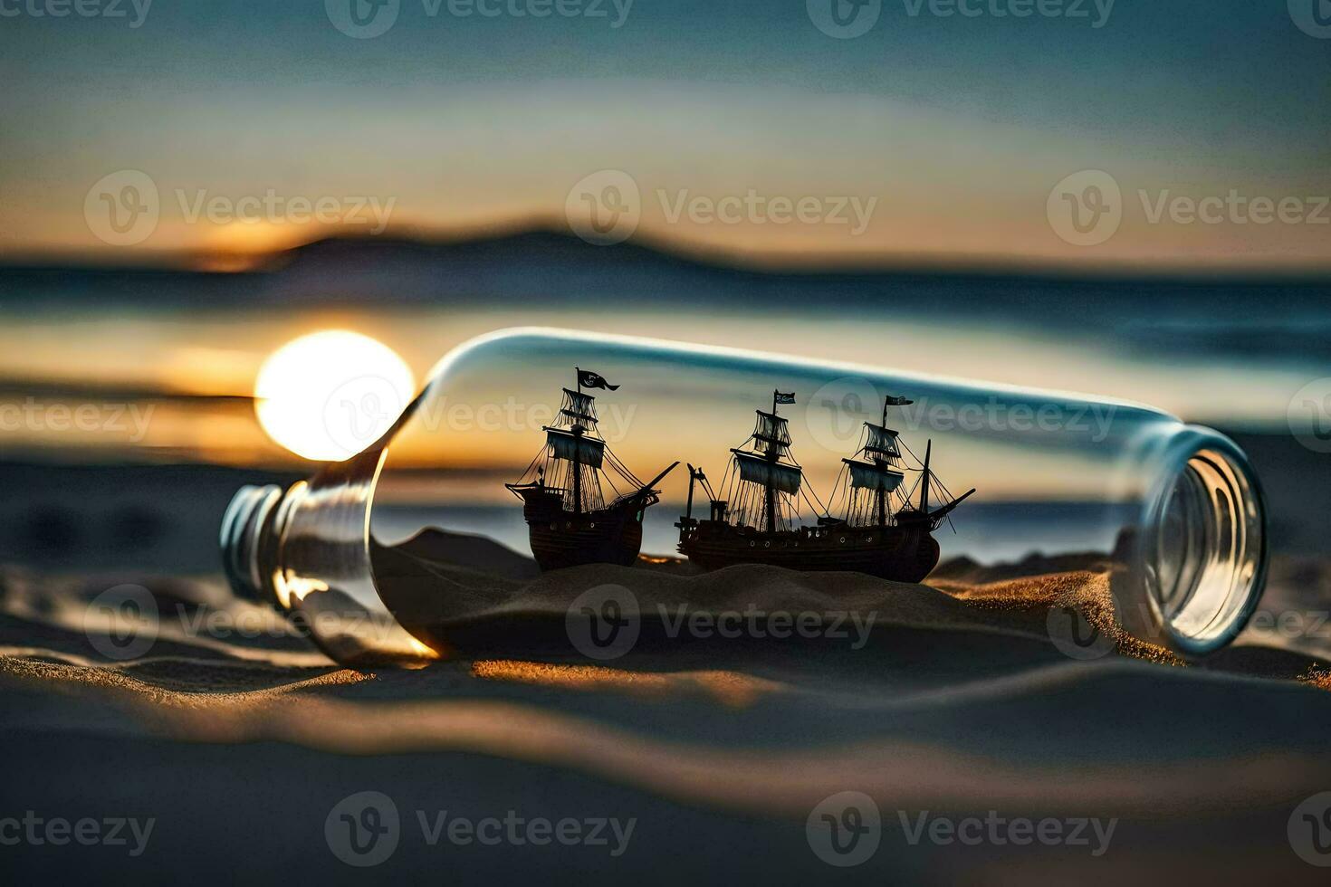 ship in a bottle on the beach. AI-Generated photo