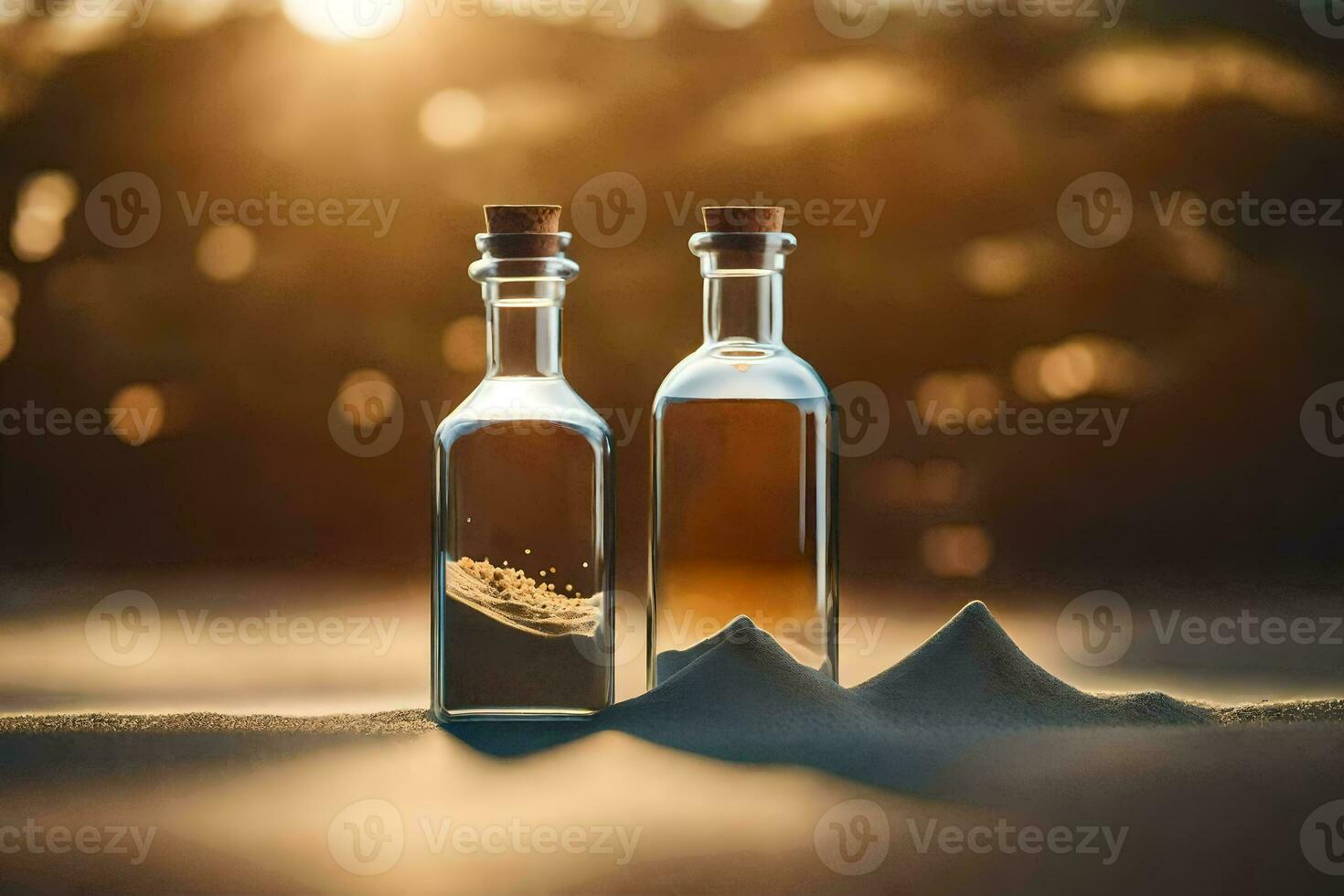 two bottles of sand on the beach with the sun in the background. AI-Generated photo