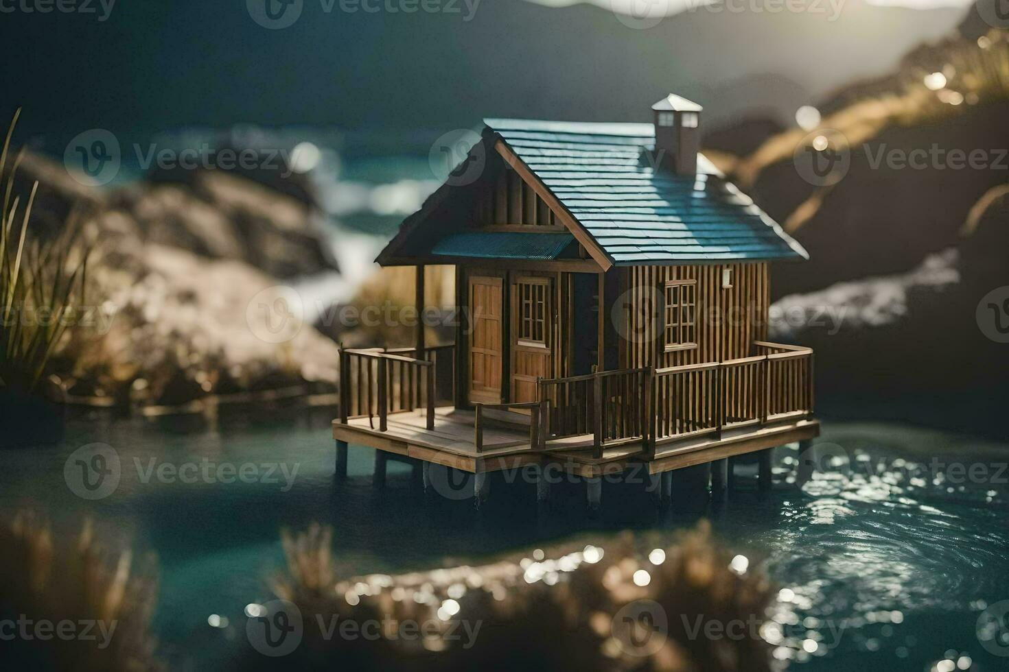 a miniature house sits on a small island in the water. AI-Generated photo