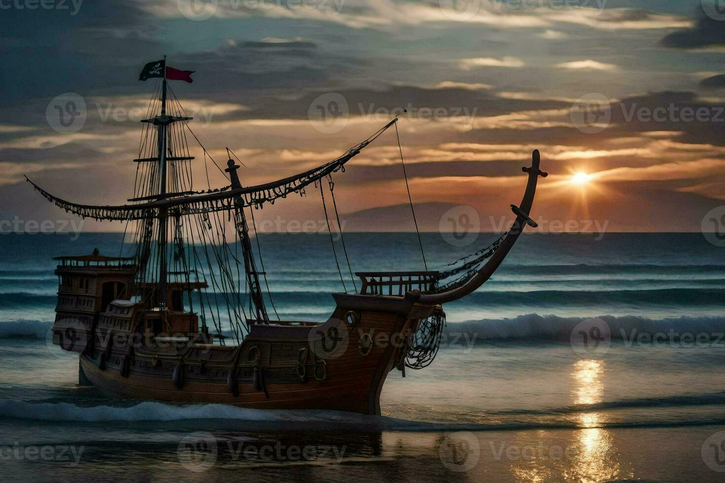 a pirate ship is on the beach at sunset. AI-Generated photo