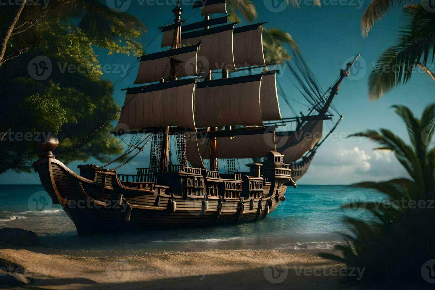 a pirate ship is on the beach near palm trees. AI-Generated photo