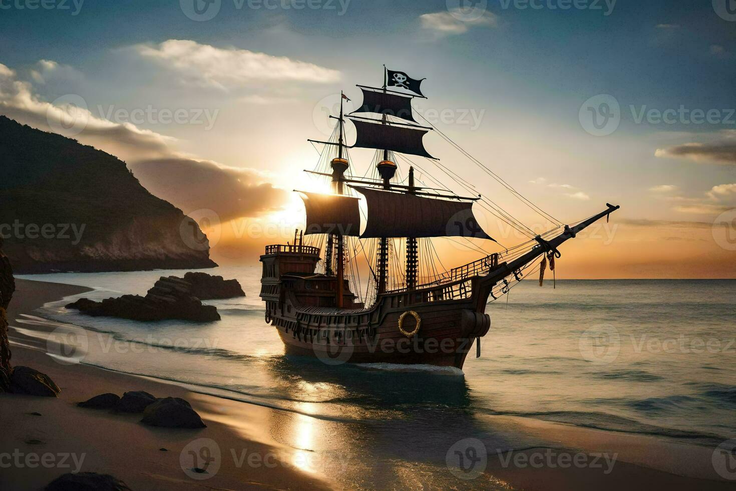 pirata Embarcacion en el playa a puesta de sol. generado por ai foto