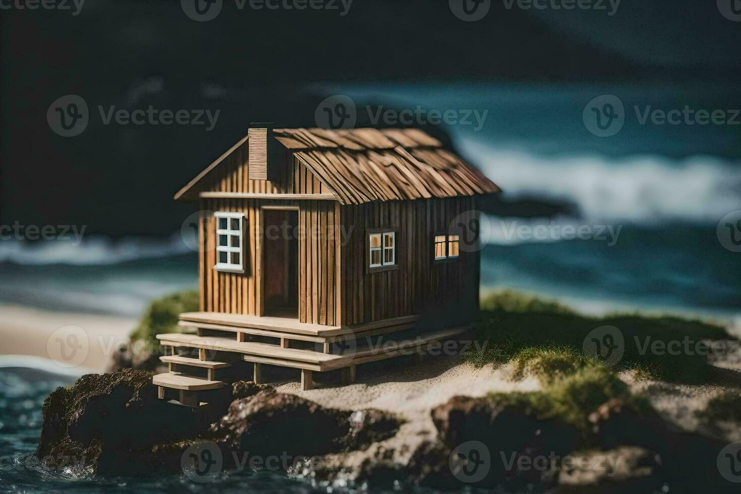 a miniature wooden house on a small island. AI-Generated photo