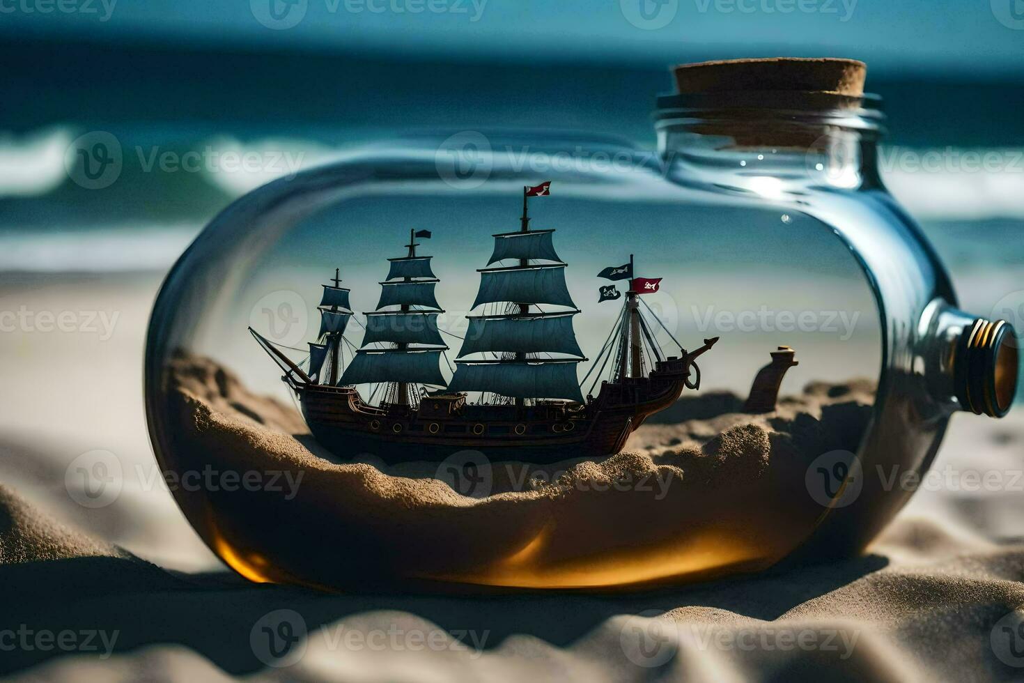 a ship in a bottle on the beach. AI-Generated photo