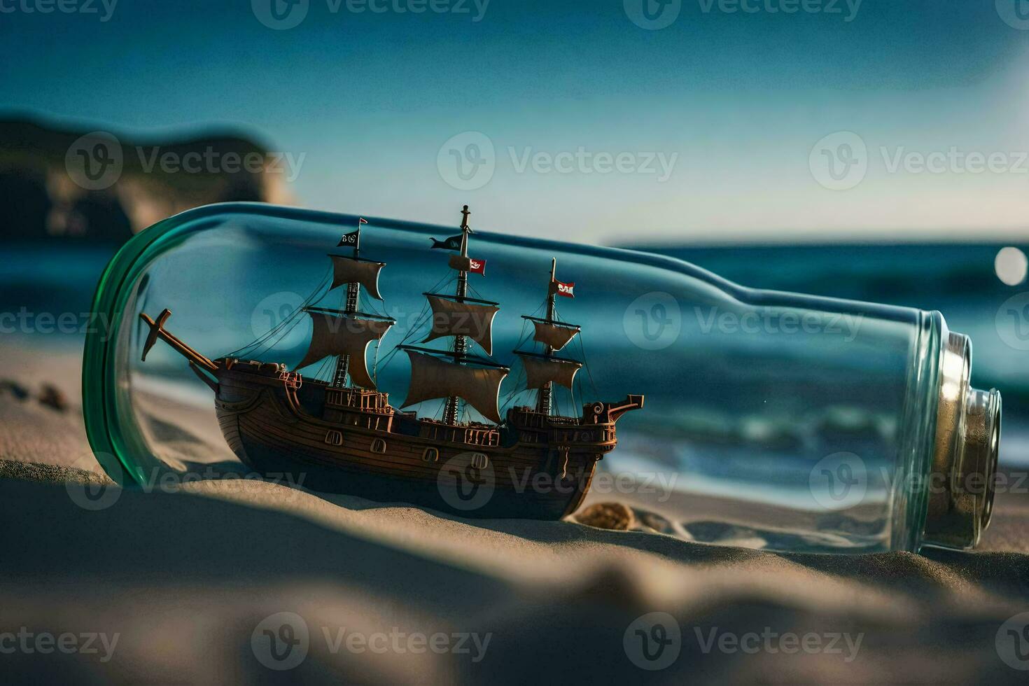 a ship in a bottle on the beach. AI-Generated photo