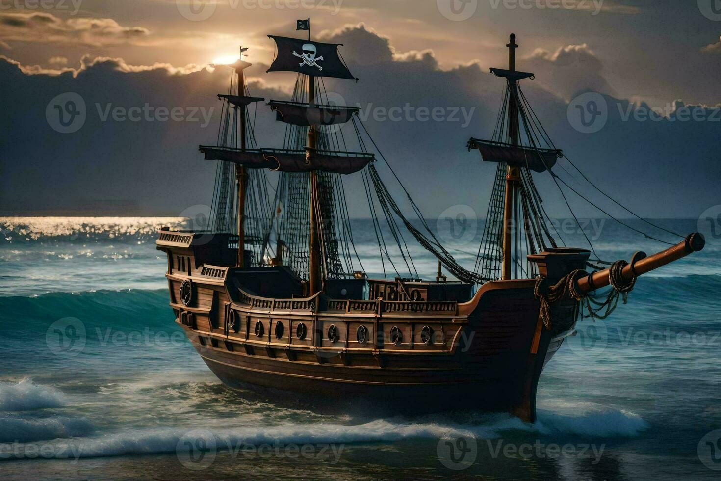 un pirata Embarcacion en el Oceano a puesta de sol. generado por ai foto