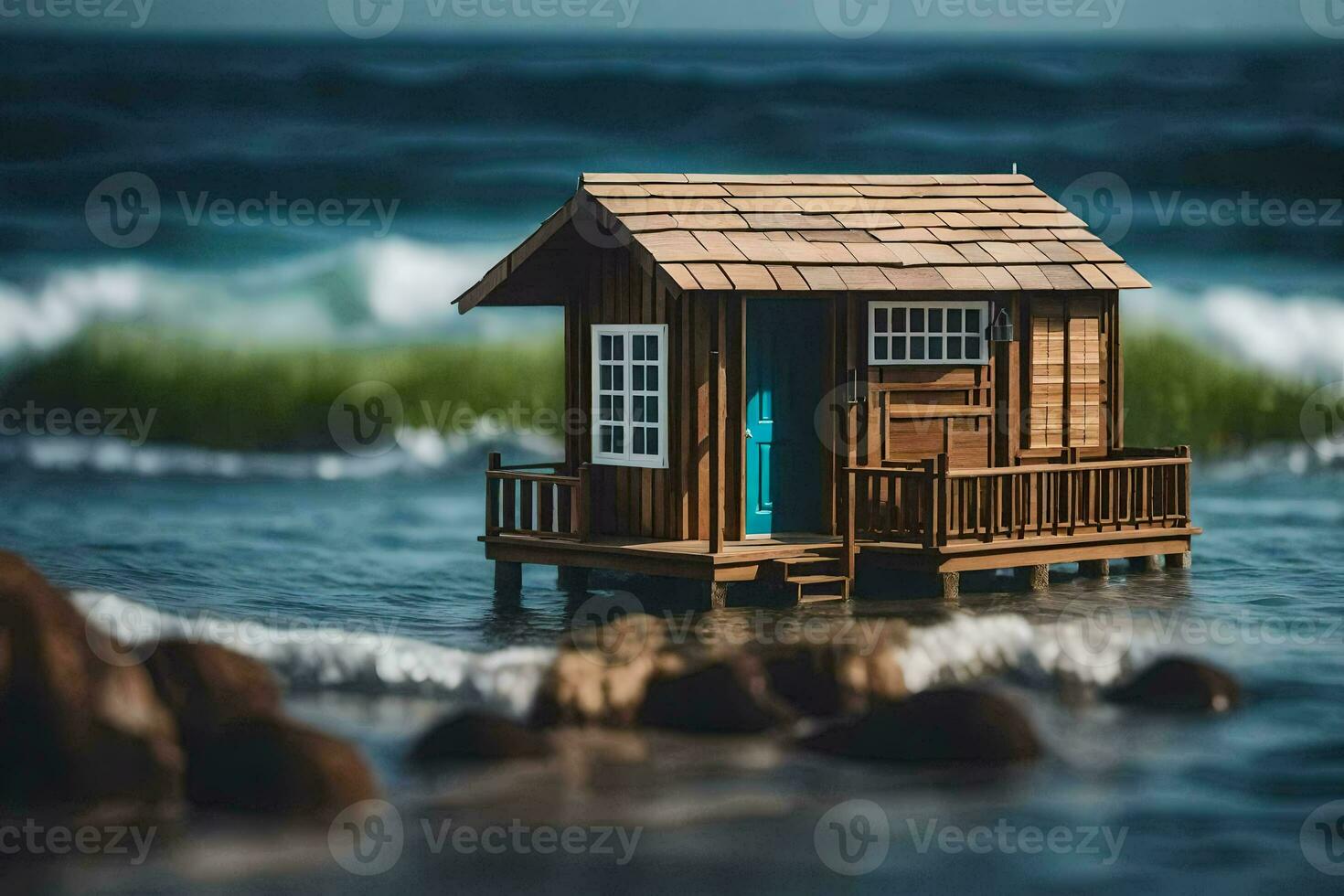 a miniature house on the beach with waves crashing in the background. AI-Generated photo