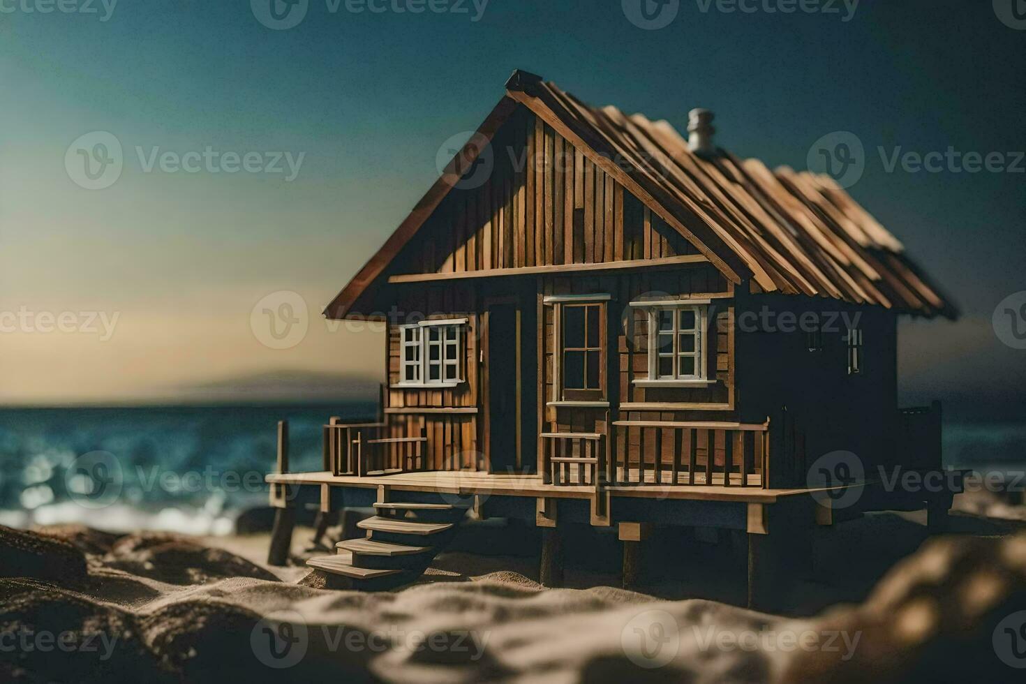 a miniature wooden house on the beach. AI-Generated photo