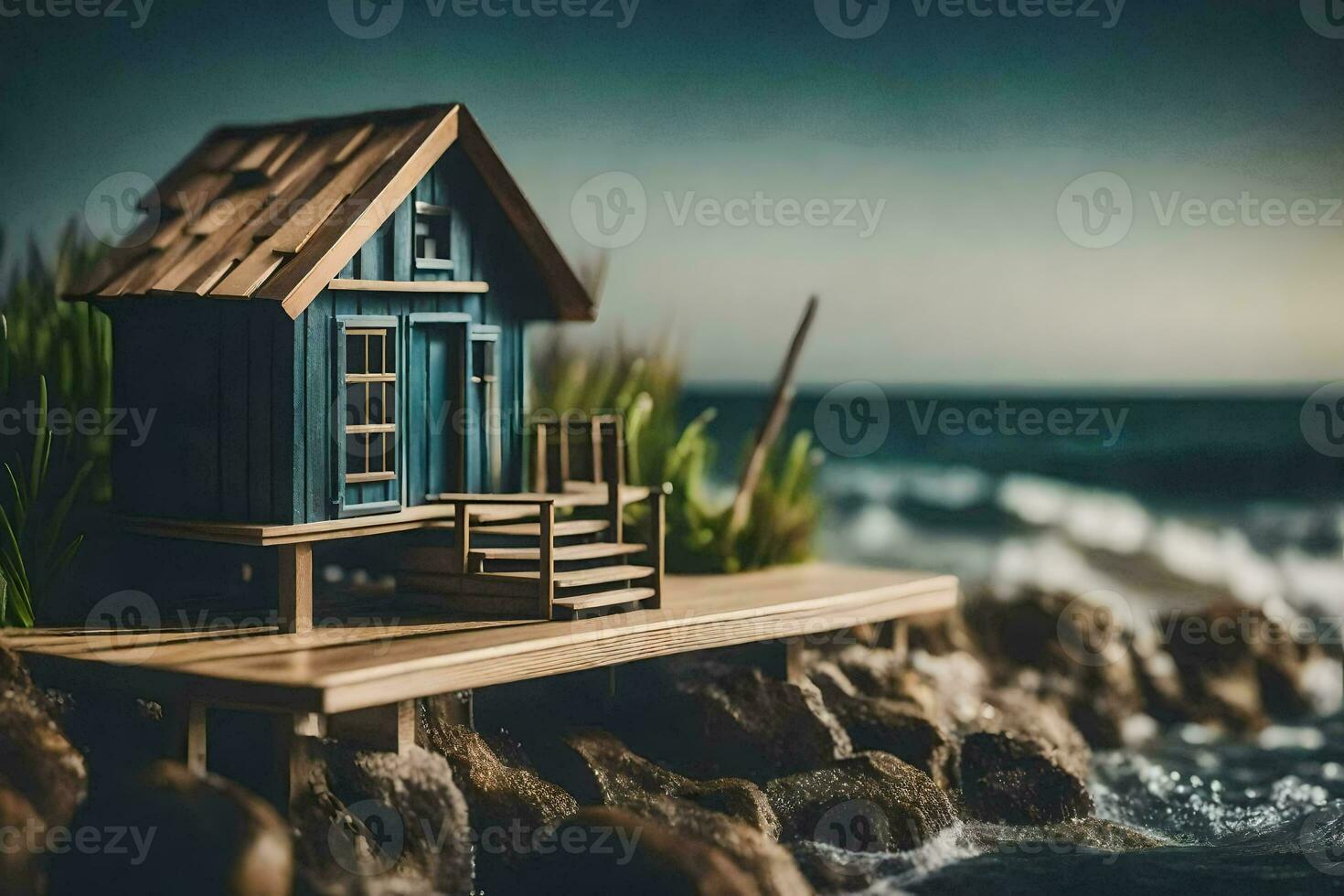 a miniature house on a pier by the ocean. AI-Generated photo