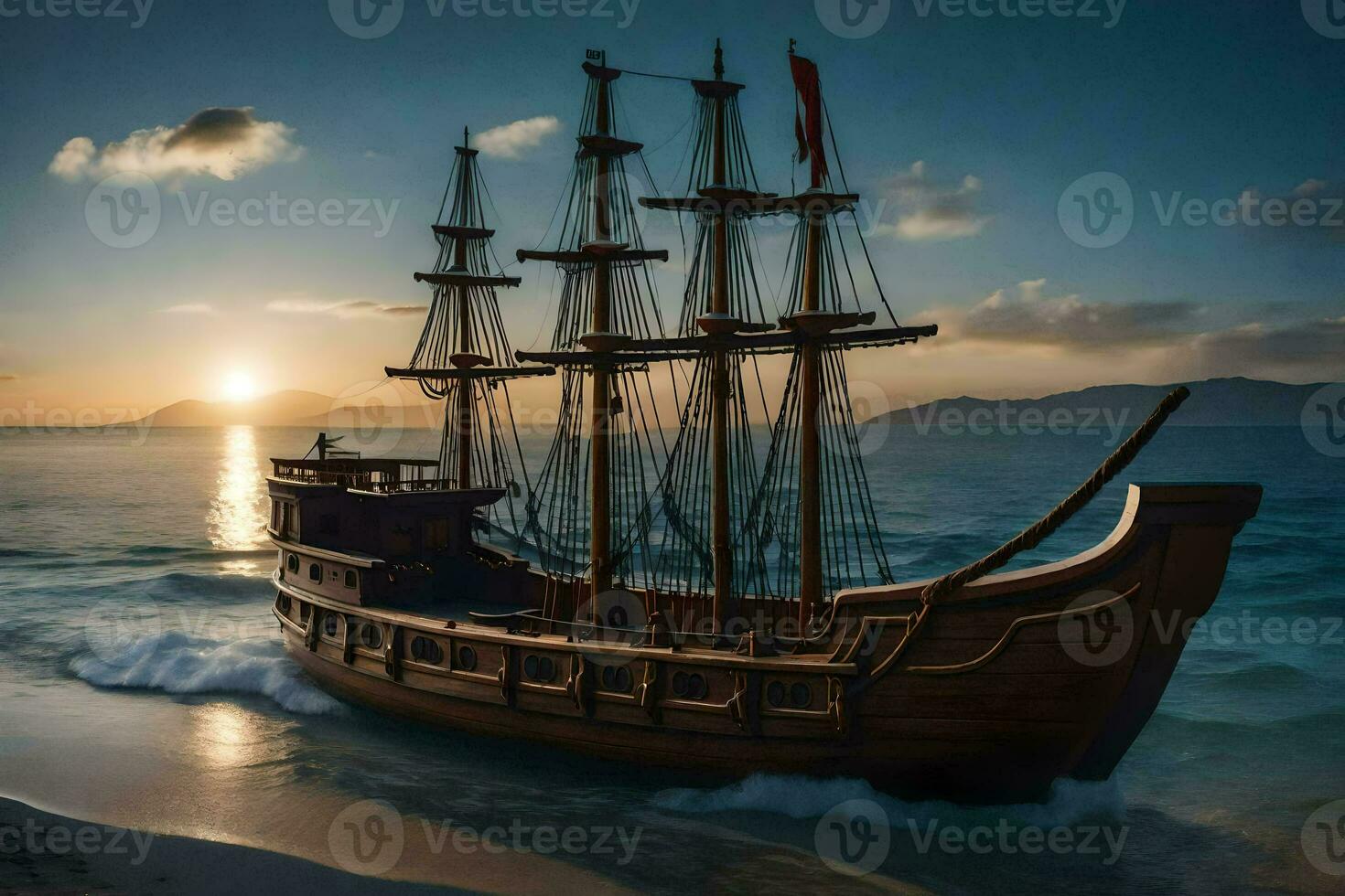 a wooden ship on the beach at sunset. AI-Generated photo