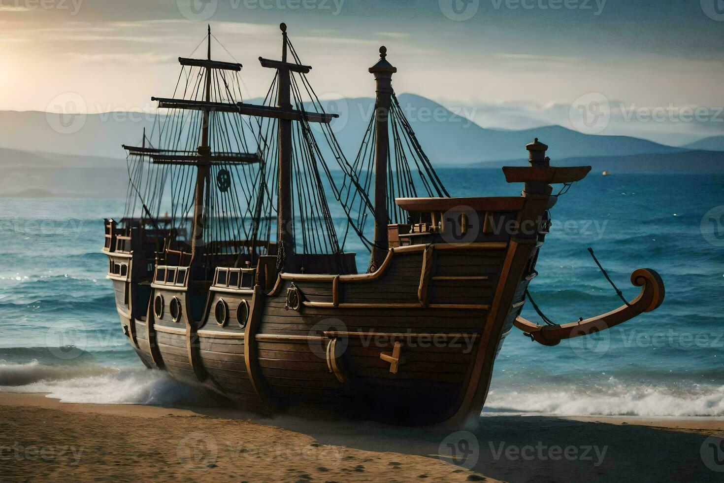 a wooden ship on the beach at sunset. AI-Generated photo
