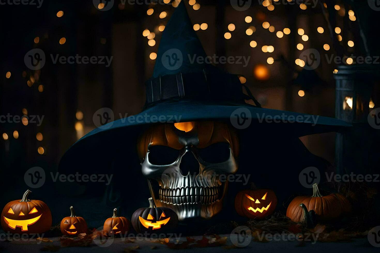a halloween skull with a witch hat and pumpkins. AI-Generated photo