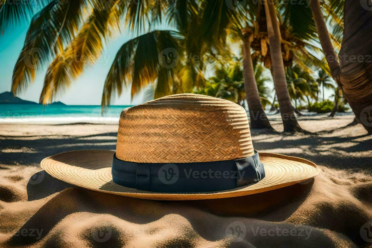 a hat sits on the sand near palm trees. AI-Generated photo