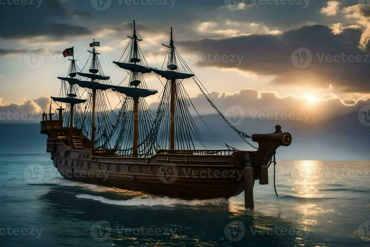 a pirate ship in the ocean at sunset. AI-Generated photo