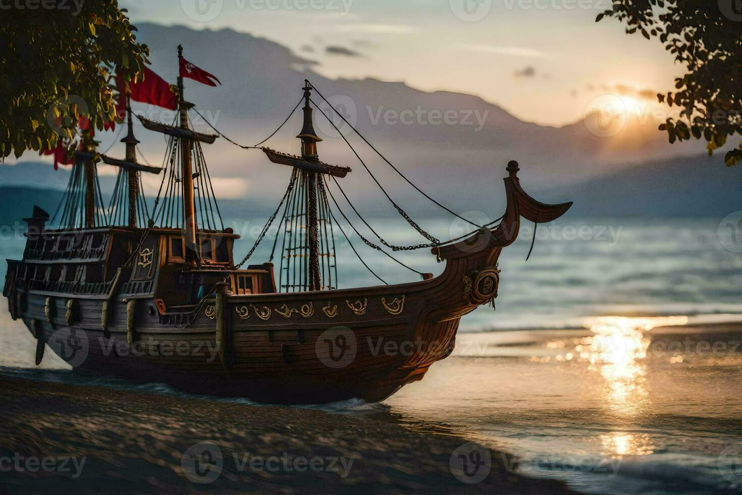 a wooden ship on the beach at sunset. AI-Generated photo