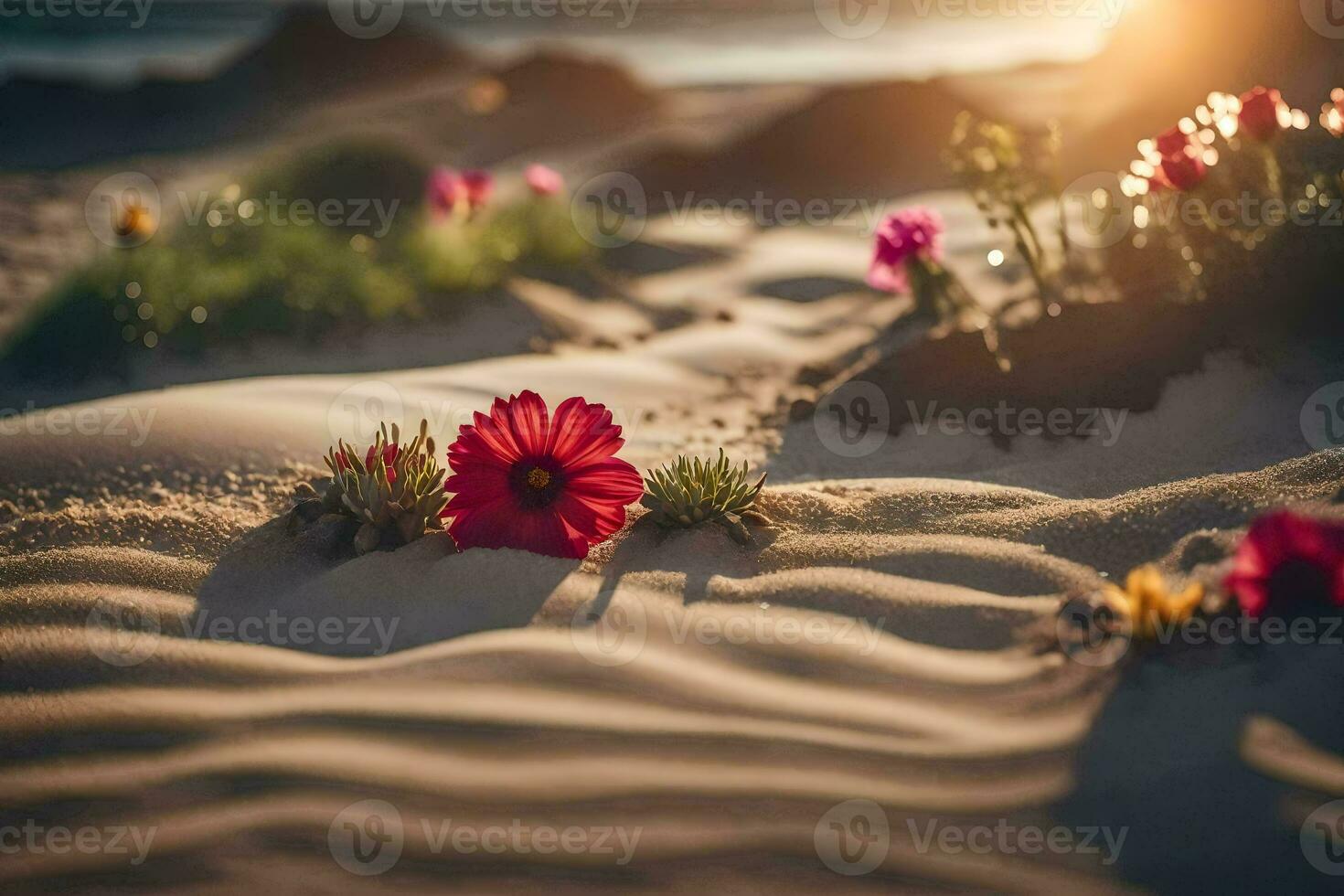 flowers in the sand at sunset. AI-Generated photo