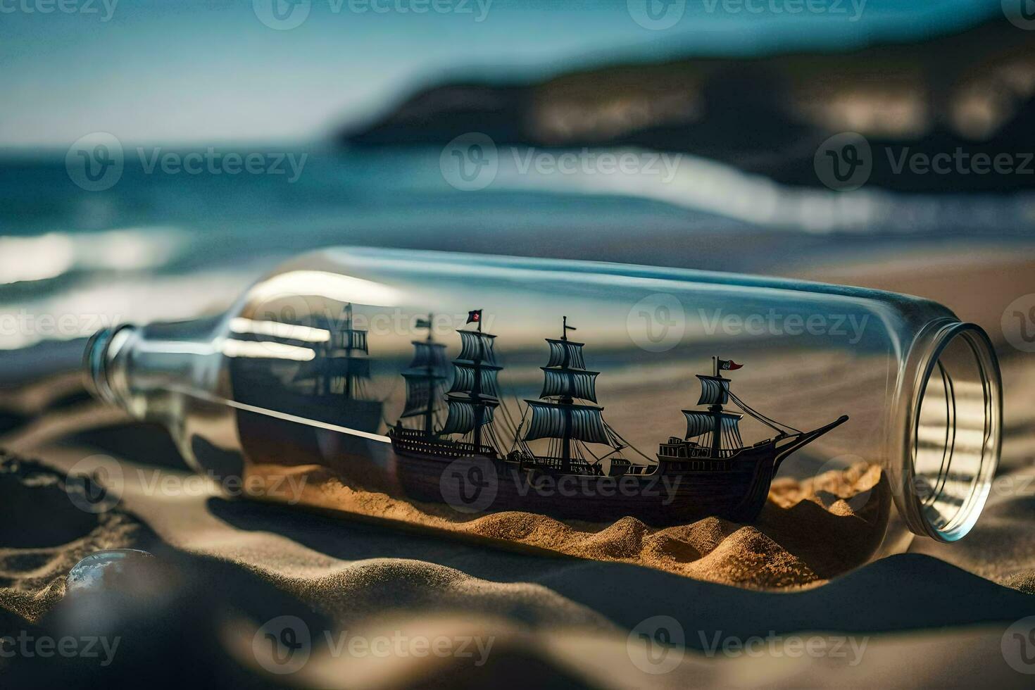 a ship in a bottle on the beach. AI-Generated photo