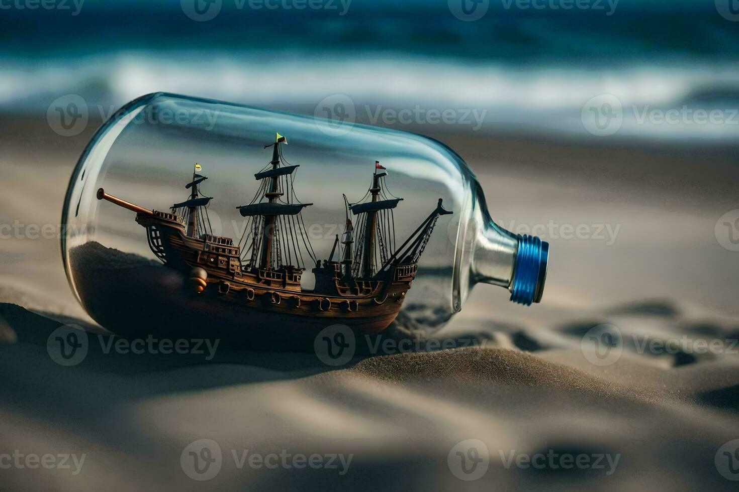 ship in a bottle on the beach. AI-Generated photo