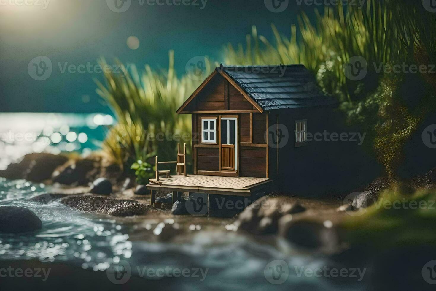 a miniature house on the shore of a lake. AI-Generated photo