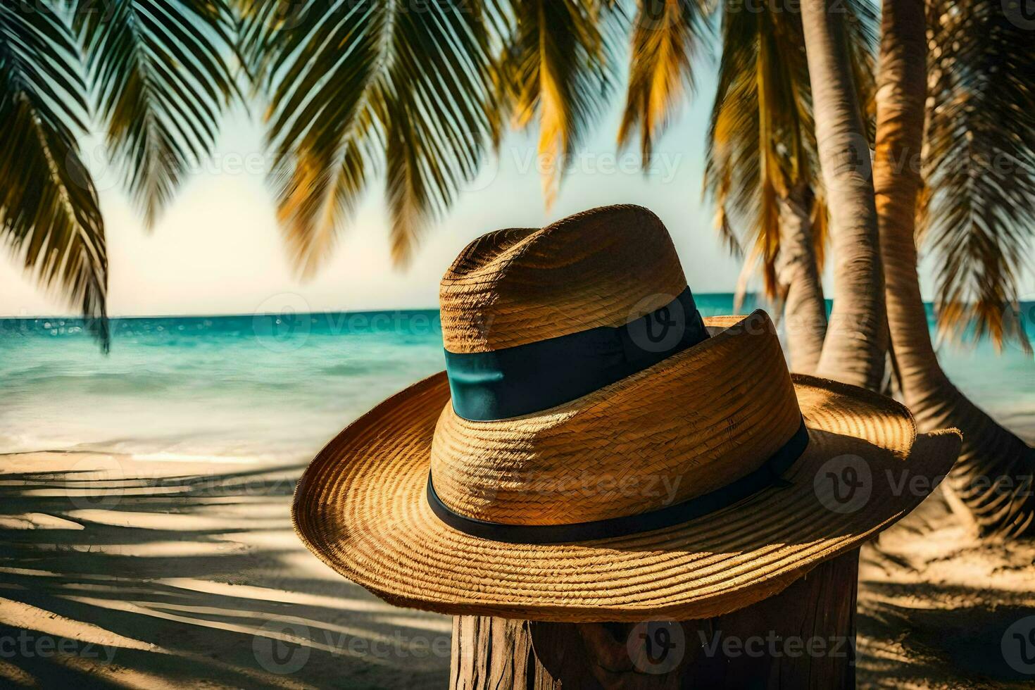 a hat sits on a wooden post near the ocean. AI-Generated photo