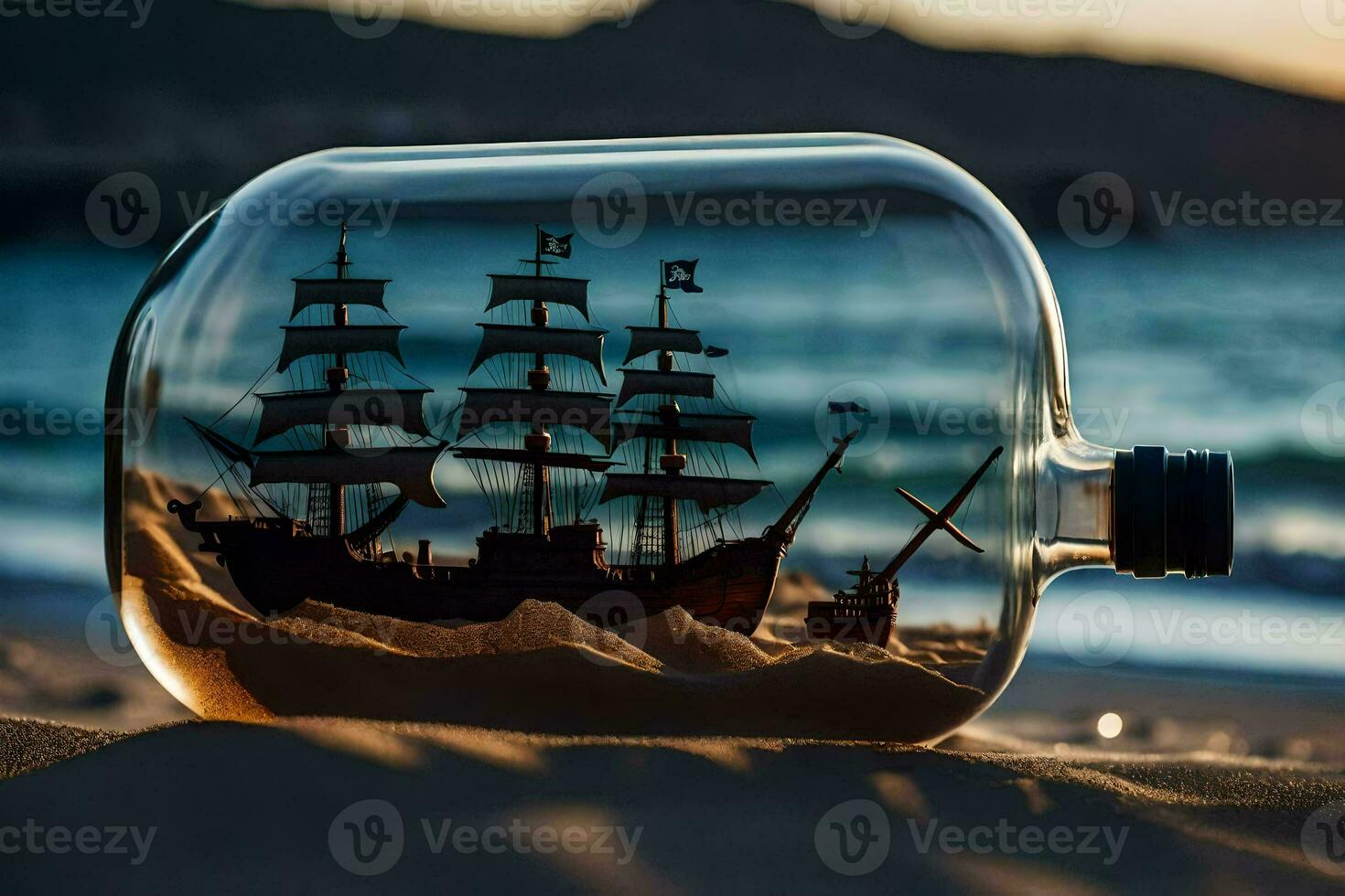 a ship in a bottle on the beach. AI-Generated photo